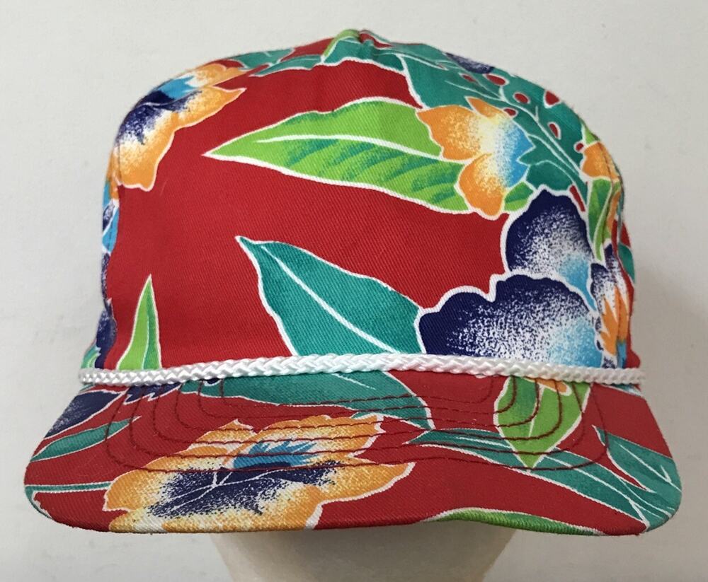 Vtg 80s San Sun Hawaiian Tropical Floral Baseball Cap Hat Snapback Adjustable